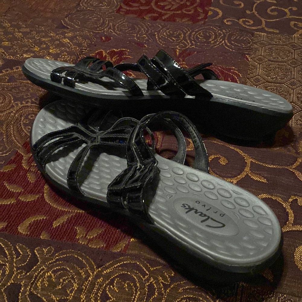 Clarks Patent Leather One Inch Wedge Velcro Slides